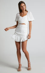 Emileen Mini Dress - Cross Front Cut Out Puff Sleeve Dress in White