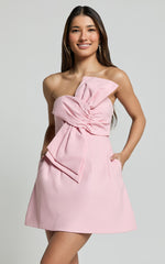 Chika Mini Dress - Linen Strapless Front Bow Dress in Soft Pink