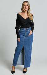 Kira Midi Skirt - Front Split Denim Skirt in Dark Blue Wash