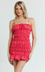 Aphrodite Mini Dress - Tie Front Gathered Dress in Red