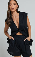 Marlee Two Piece Set - Linen Button Through Vest and Shorts Set in Black