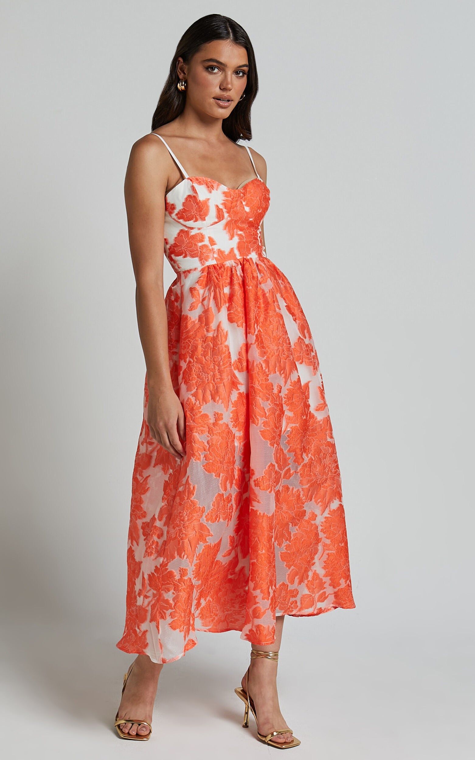 Brailey Midi Dress - Aline Corset Detail Dress in Orange