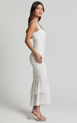 Kody Midi Dress - Bodycon Ruched Mesh Cut Out Dress in White
