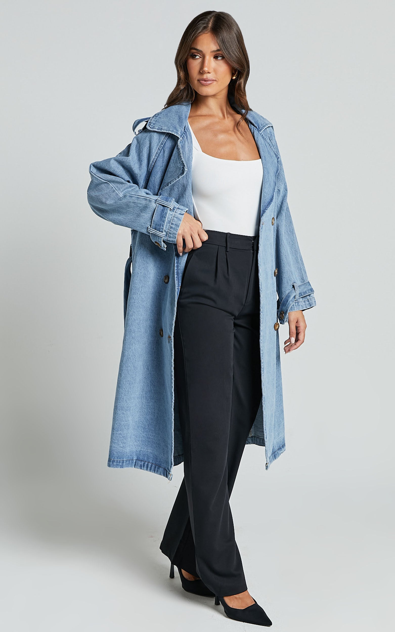 Vinnie Trench Coat - Denim Washed Trench Coat in Mid Blue