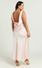 Brienne Midi Dress - Plunge Cowl Back Satin Dress in Soft Pink