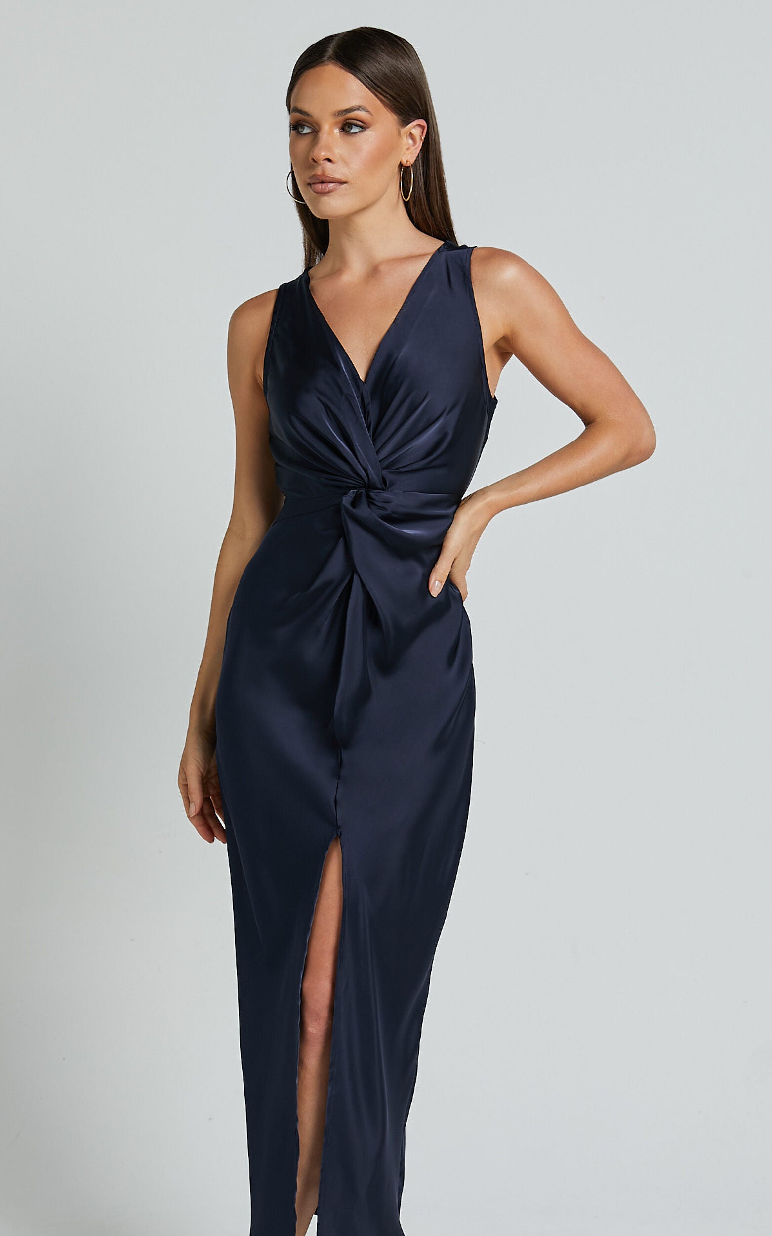 Mariah Maxi Dress - Twist Detail Wrap Hem Satin Dress in Midnight Blue