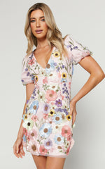 Wren Mini Dress - Puff Sleeve Bodycon 3d Garden Flowers Dress in Pink