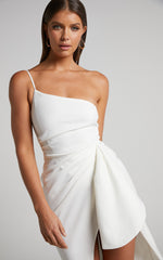 Marcelita Midi Dress - One Shoulder Drape Detail Faux Wrap Dress in White