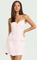 Liesie Mini Dress - Button Front V Neck Dress in Pink