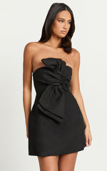 Chika Mini Dress - Linen Strapless Front Bow Dress in Black