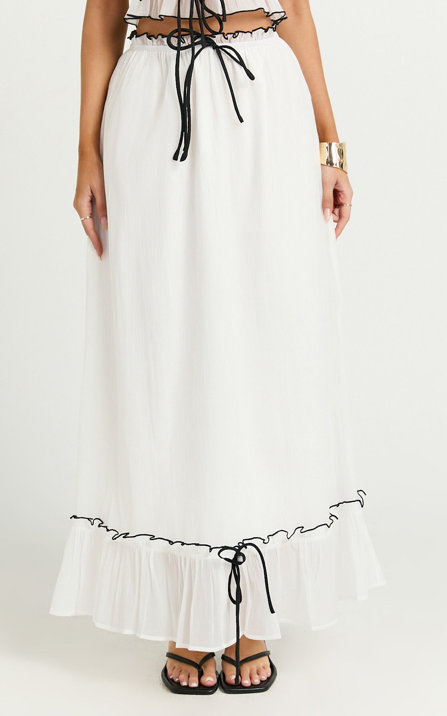 Jaden Maxi Skirt - Gathered Contrast Tie Detail Skirt in Cream