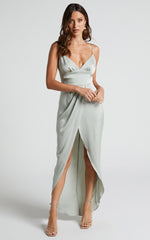 Azrael Midi Dress - V Neck Satin Tulip Dress in Sage