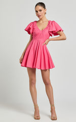 Carli Mini Dress - Linen Ruched Bodice Bell Sleeve Dress in Pink