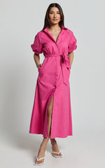Jesse Midi Dress - Puff Sleeve Collared Shirt Dress in Hot Pink