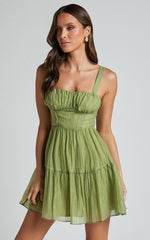 Alva Mini Dress - Sleeveless Ruched Bust Tiered Dress in Sage