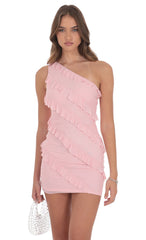 Ruffle Rhinestone One Shoulder Dress in Pink