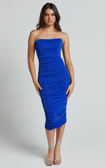 Amaya Midi Dress - Strapless Glitter Mesh Ruched Bodycon Dress in Blue