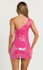 Tymia Mini Dress - Sequin One Shoulder Bodycon Dress in Hot Pink