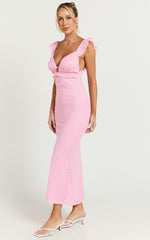 Roycie Midi Dress - Frill Sleeve V Neck Dress in Pink