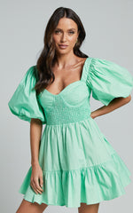 Rhiza Mini Dress - Sweetheart Puff Sleeve Flare Dress in Mint