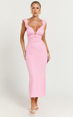 Roycie Midi Dress - Frill Sleeve V Neck Dress in Pink