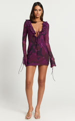 Alesya Mini Dress - Ruffle Plunge Neck Long Sleeve Tie Detail Dress in Royal Adeana