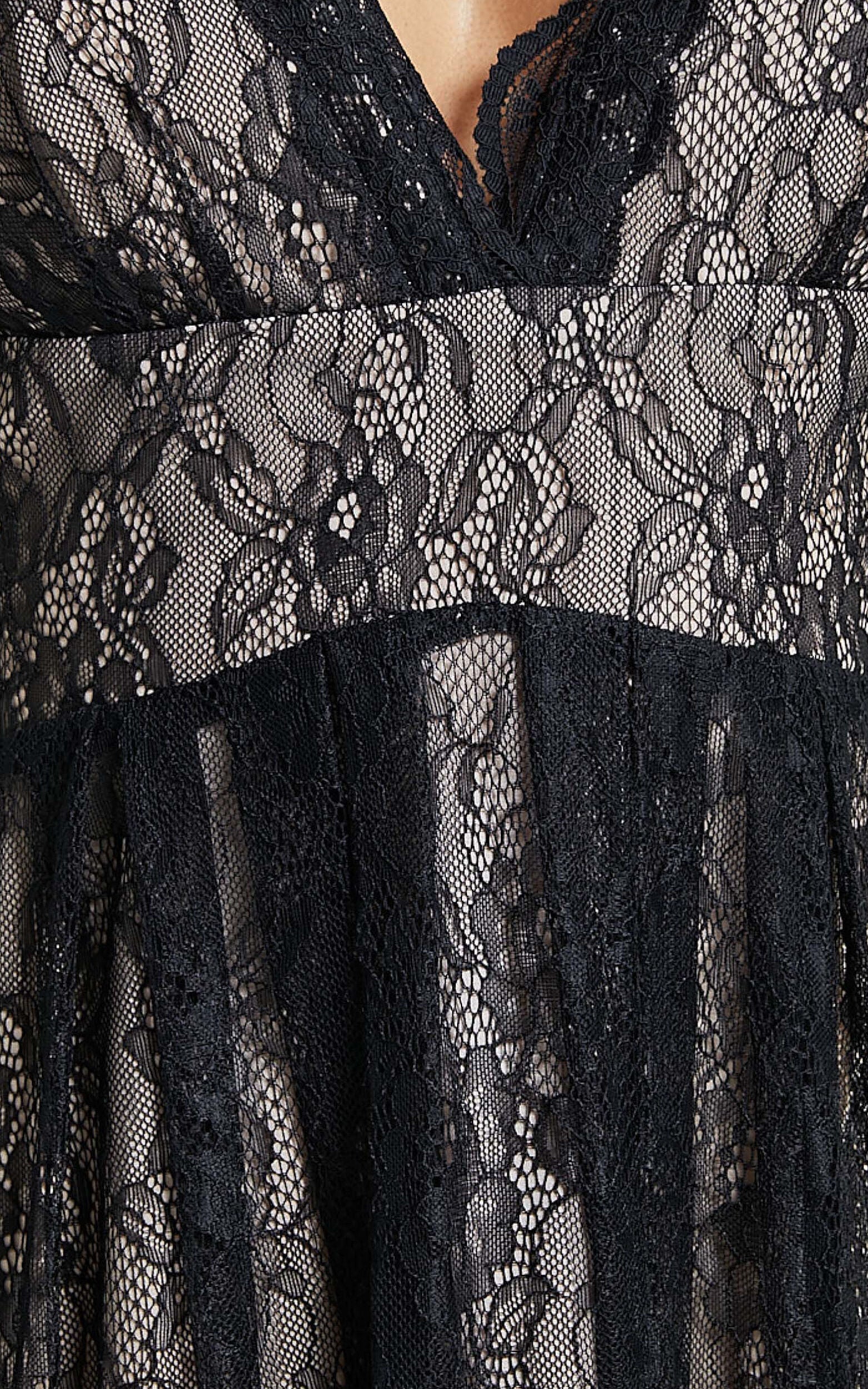 Leni Maxi Dress - Plunge Thigh Split Lace Dress in Black