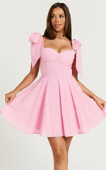 Girley Mini Dress - Bow Strap Dress in Pink Gingham