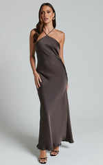 Aurora Midi Dress - Halter Tie Neck Satin Bias Cut Dress in Espresso