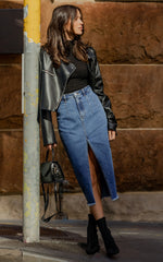 Janeve Midi Skirt - Front Split Denim Skirt in Dark Blue