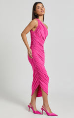 Lovlin Midi Dress - One Shoulder Ruched Dress in Fuchsia Pink