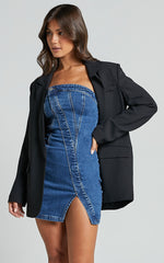 Erline Mini Dress - Asymmetric Strapless Denim Dress in Dark Blue Wash