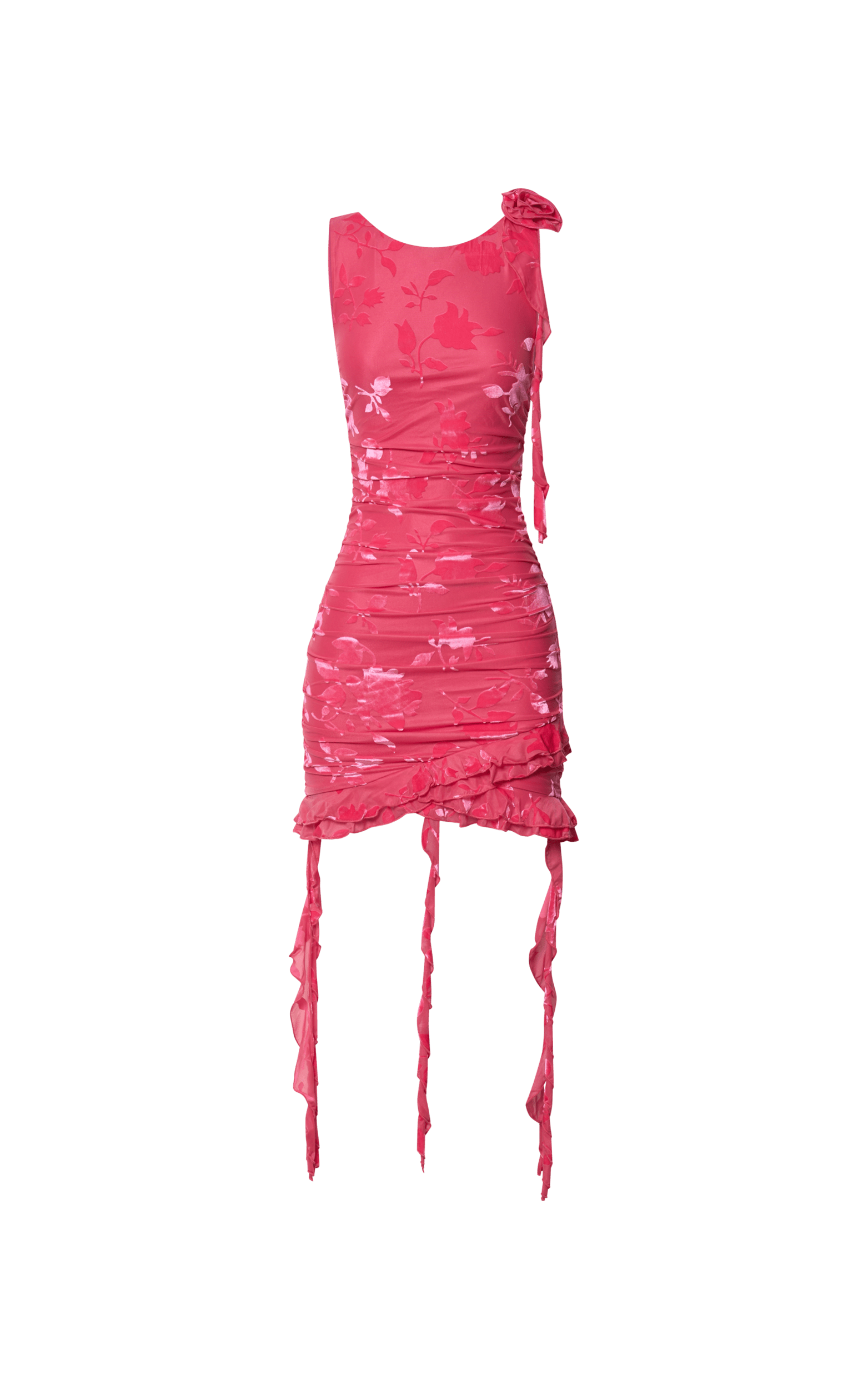 Cardi Mini Dress - Rosette Detail Devore Ruffle Hem Mini Dress in Pink Burnout