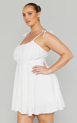 Aziah Mini Dress - Tie Shoulder Ruched Bodice Dress in White
