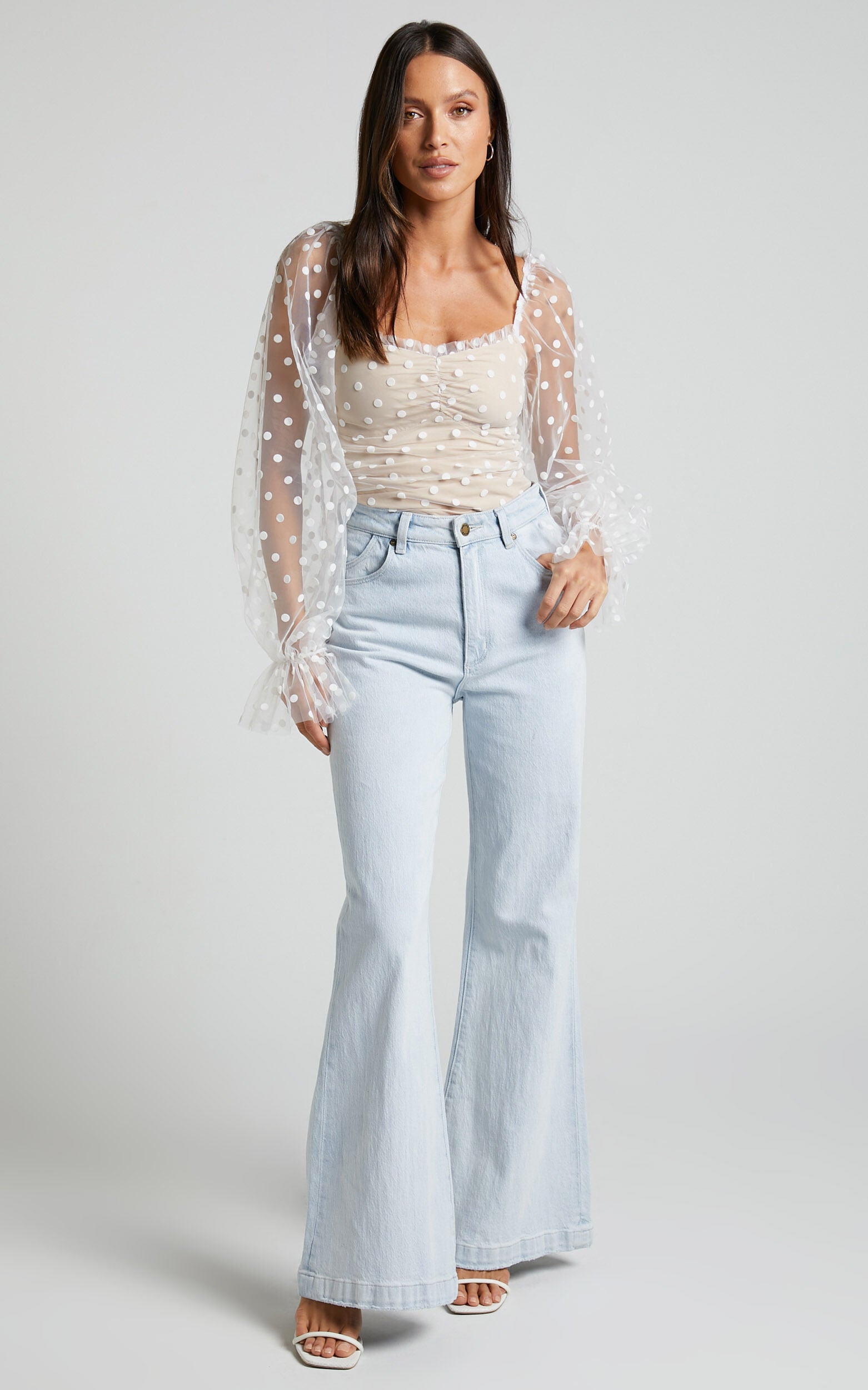 Venetia Bodysuit - Long Sleeve Spot Mesh Bodysuit in White Spot