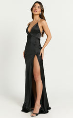 Phillippa Maxi Dress - Diamonte Strap Plunge Bias Cut Satin Dress in Black
