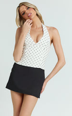 Amani Top -  Recycled Halter Plunge Neck Polkadot Top in White