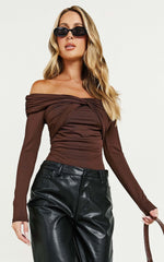 Shamaira Bodysuit - Twist Front Off Shoulder Long Sleeve in Brown