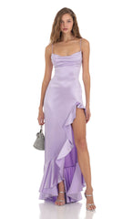 Venus Satin Ruffle Dress in Lavender
