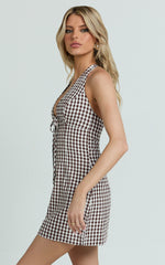 Emilia Mini Dress - Plunge Halter Bodycon Dress in Brown/White