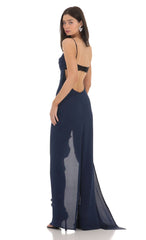 Cowl Neck Satin Open Back Maxi Dress in Navy