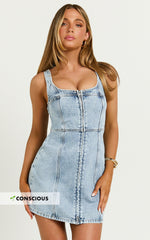 Chrysoula Mini Dress - Square Neck Zip Front Sleeveless Bodycon Denim in Light Blue Wash