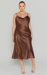 Flordeliza Midi Dress - Cowl Neck Thigh Slit Slip Dress in Chocolate