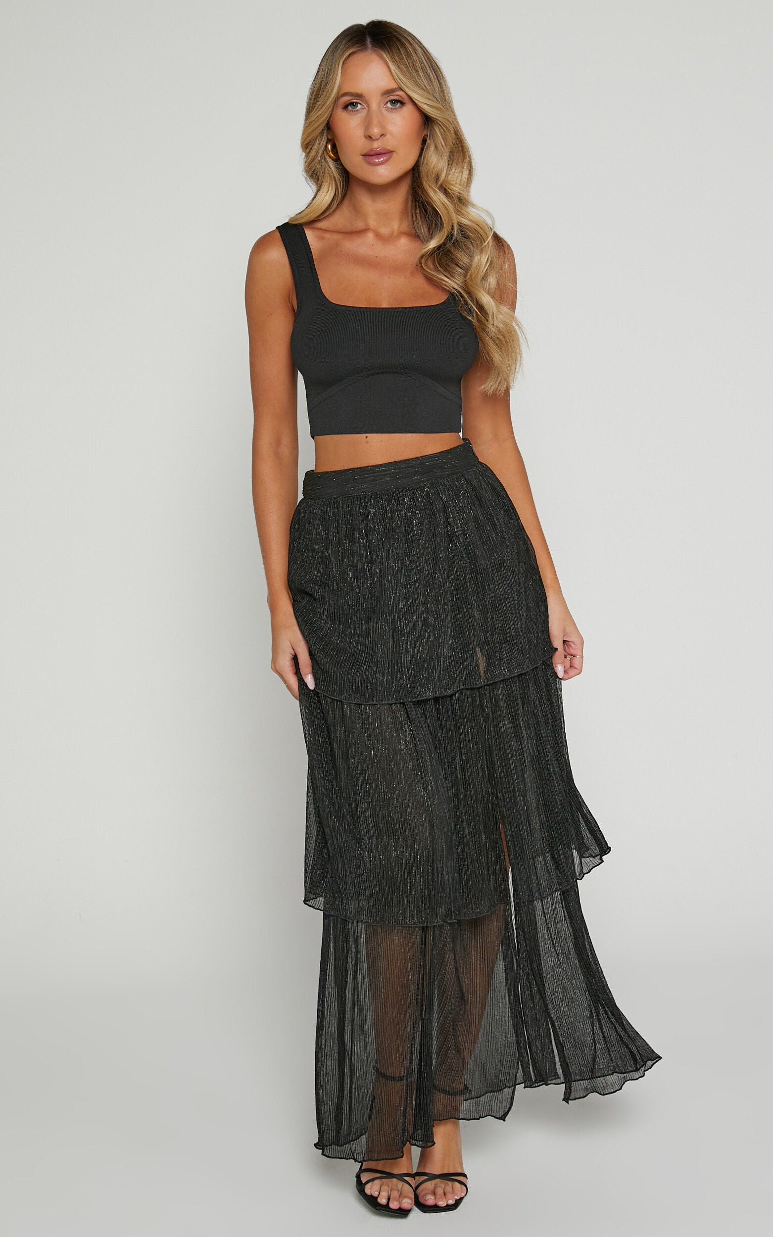 Daisy Maxi Skirt - High Waisted Thigh Split Skirt in Black