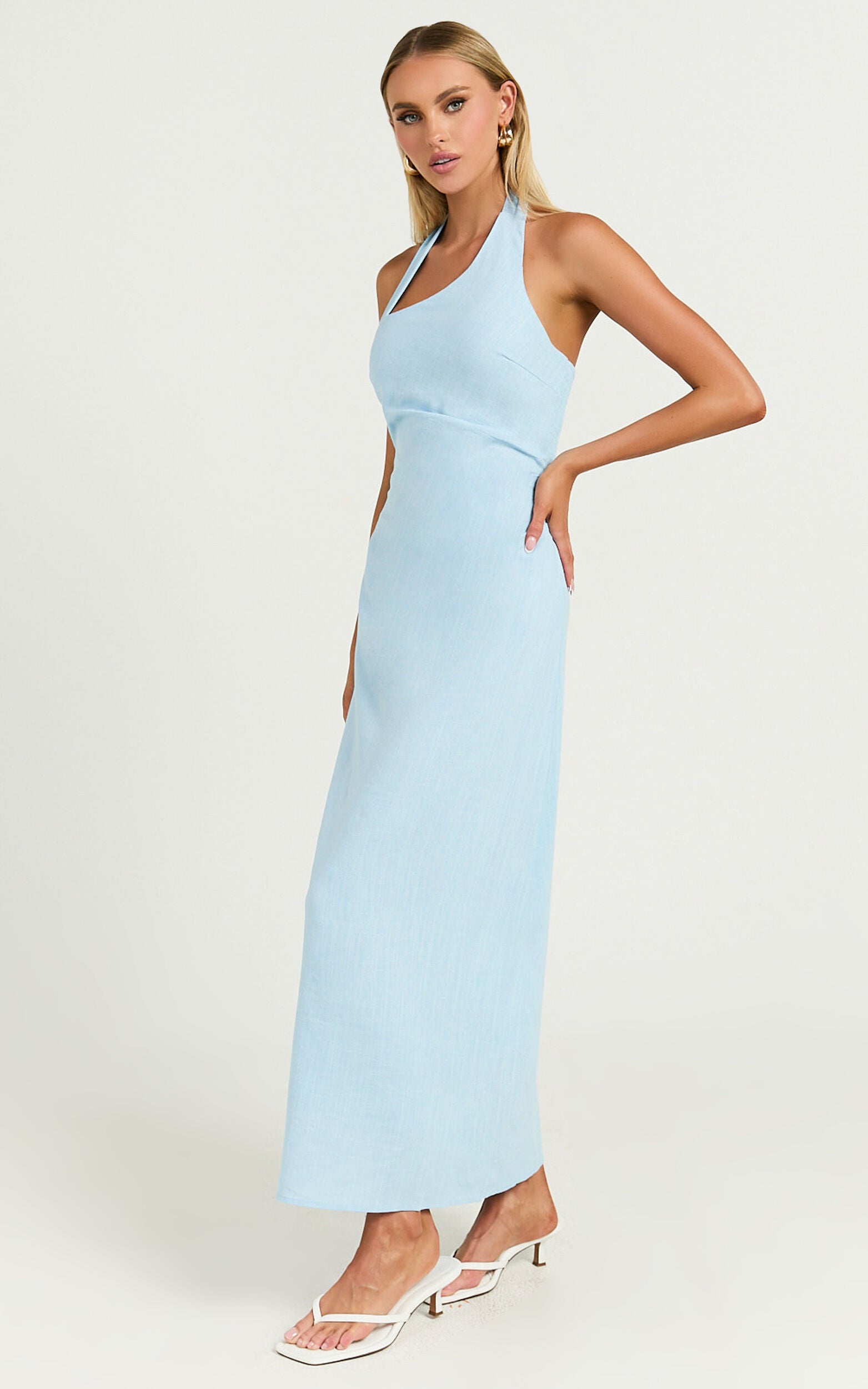 Lindley Midi Dress - Halter Neck Linen Look Dress in Soft Blue