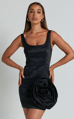 Datasha Mini Dress - Scoop Neck Sleeveless Rosette Detail Dress in Black