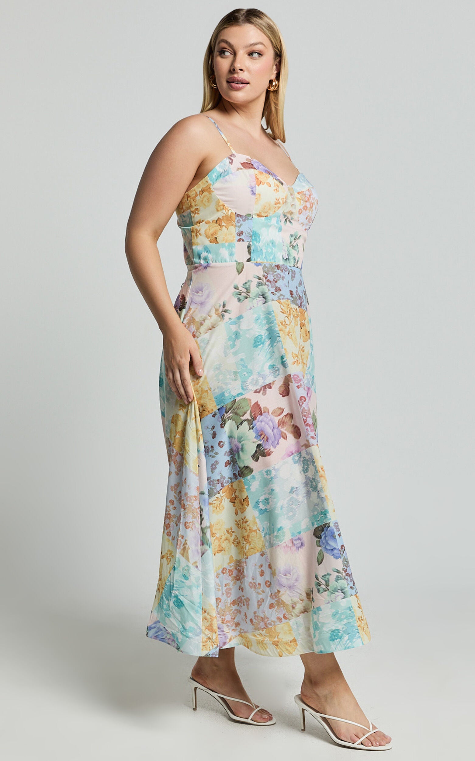 Robertson Midi Dress - Strappy Sweetheart Bustier Flare Dress in Vintage Floral