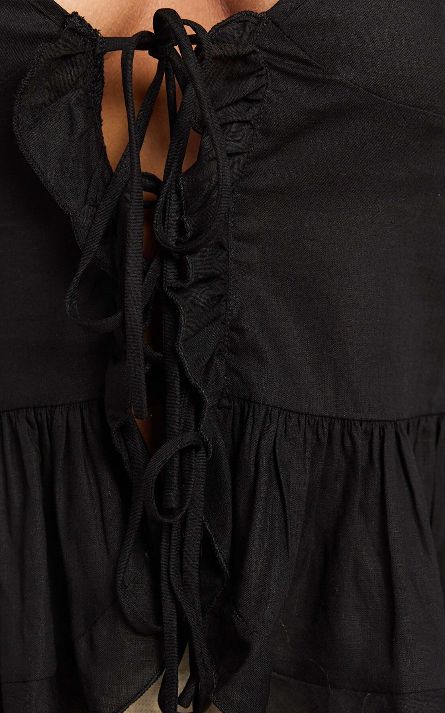 Maya Top - Linen Tie Front Ruffle Hem Top in Black