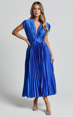 Della Midi Dress - Plunge Neck Short Sleeve Pleated Dress in Cobalt