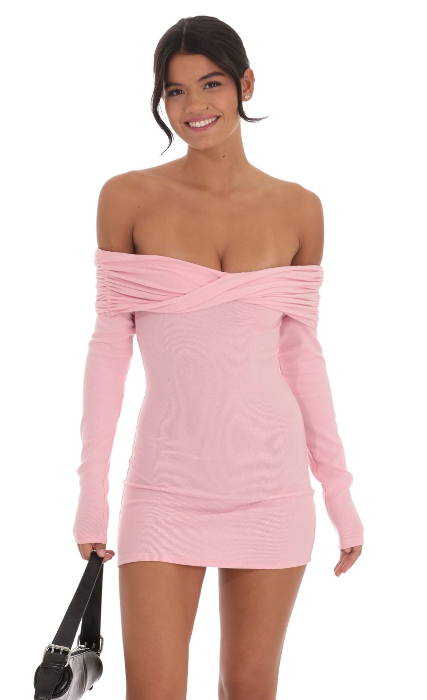Twist Ribbed Off Shoulder Sweater Dress in Pink